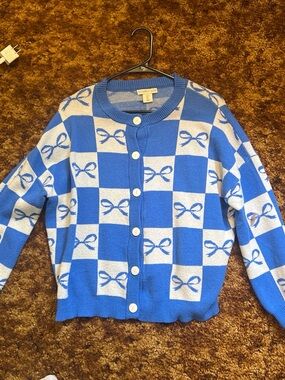 Sincerely Jules Blue and Cream Checkerboard Bow Cardigan